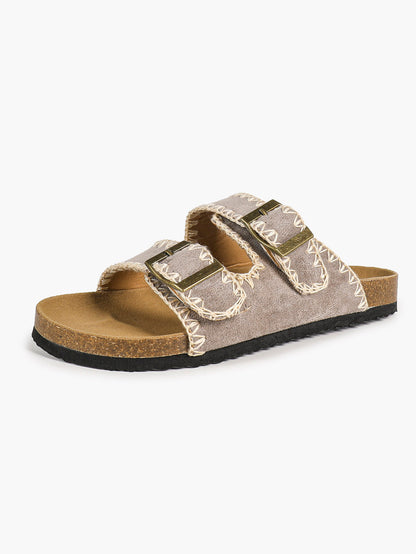 Taupe Suede-Effect Slides with Whipstitch Trim and Gold-Tone Buckles
