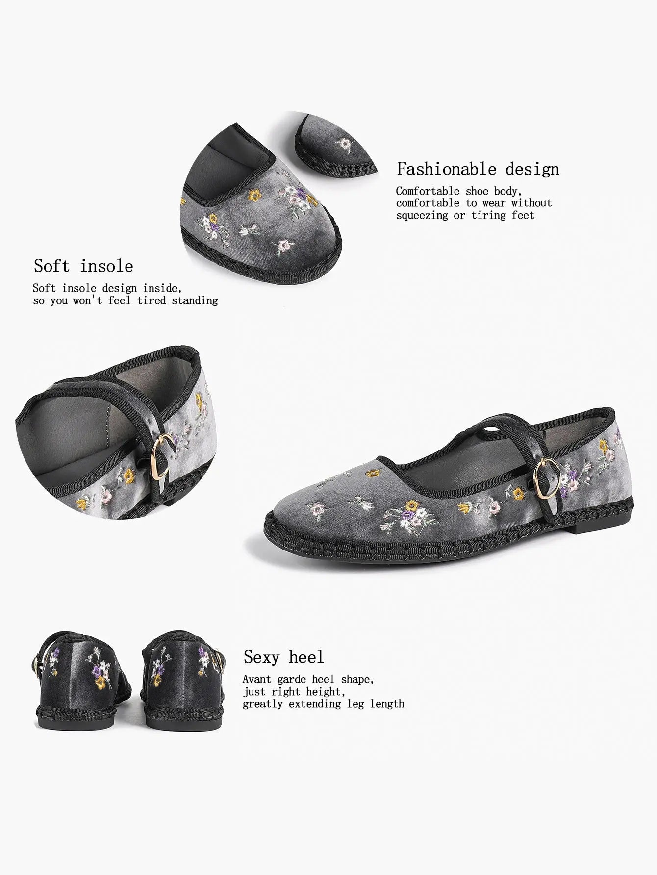 Floral Embroidered Mary Jane Flats:Black Velvet Elegance, Metallic Buckle & All-Day Comfort YISHIFAN