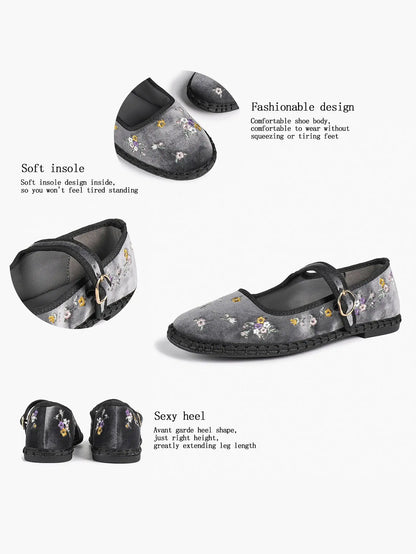 Floral Embroidered Mary Jane Flats:Black Velvet Elegance, Metallic Buckle & All-Day Comfort YISHIFAN