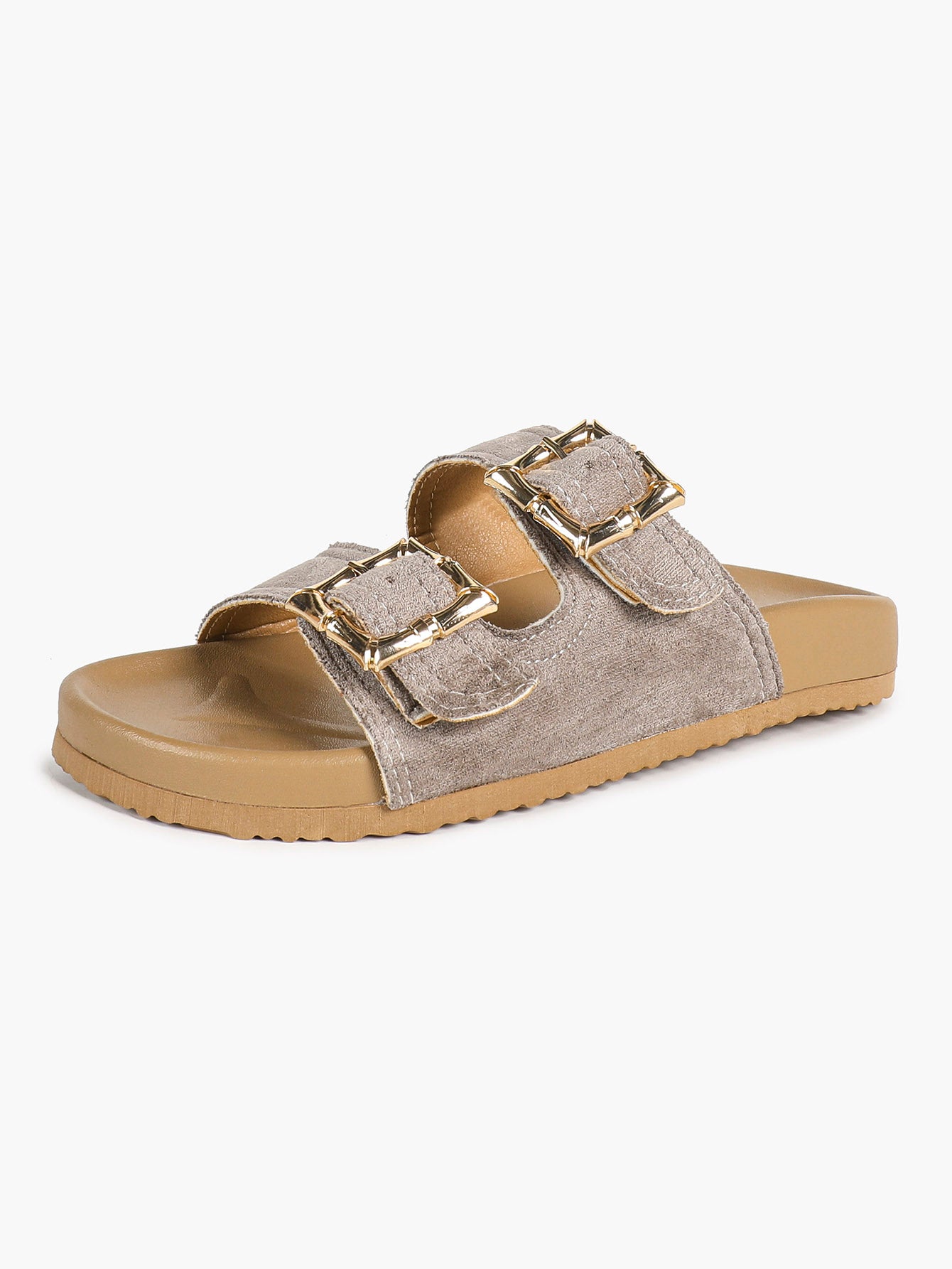 Taupe Suede Two-Strap Comfort Sandals with Gold Buckles