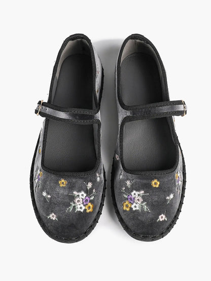 Floral Embroidered Mary Jane Flats:Black Velvet Elegance, Metallic Buckle & All-Day Comfort YISHIFAN