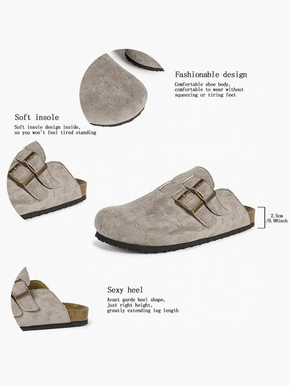 Gray Suede Double Buckle Boston Clogs  Closed Toe Cork Mule with Bronze Hardware YISHIFAN