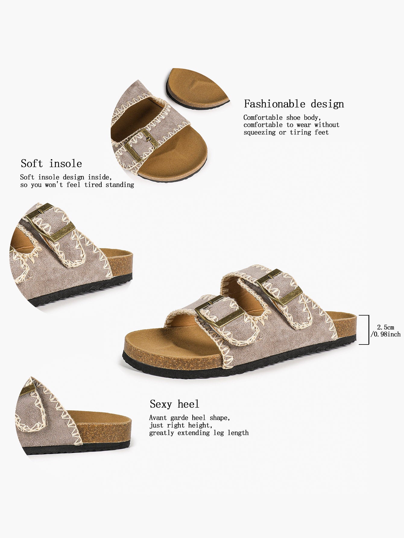 Taupe Suede-Effect Slides with Whipstitch Trim and Gold-Tone Buckles
