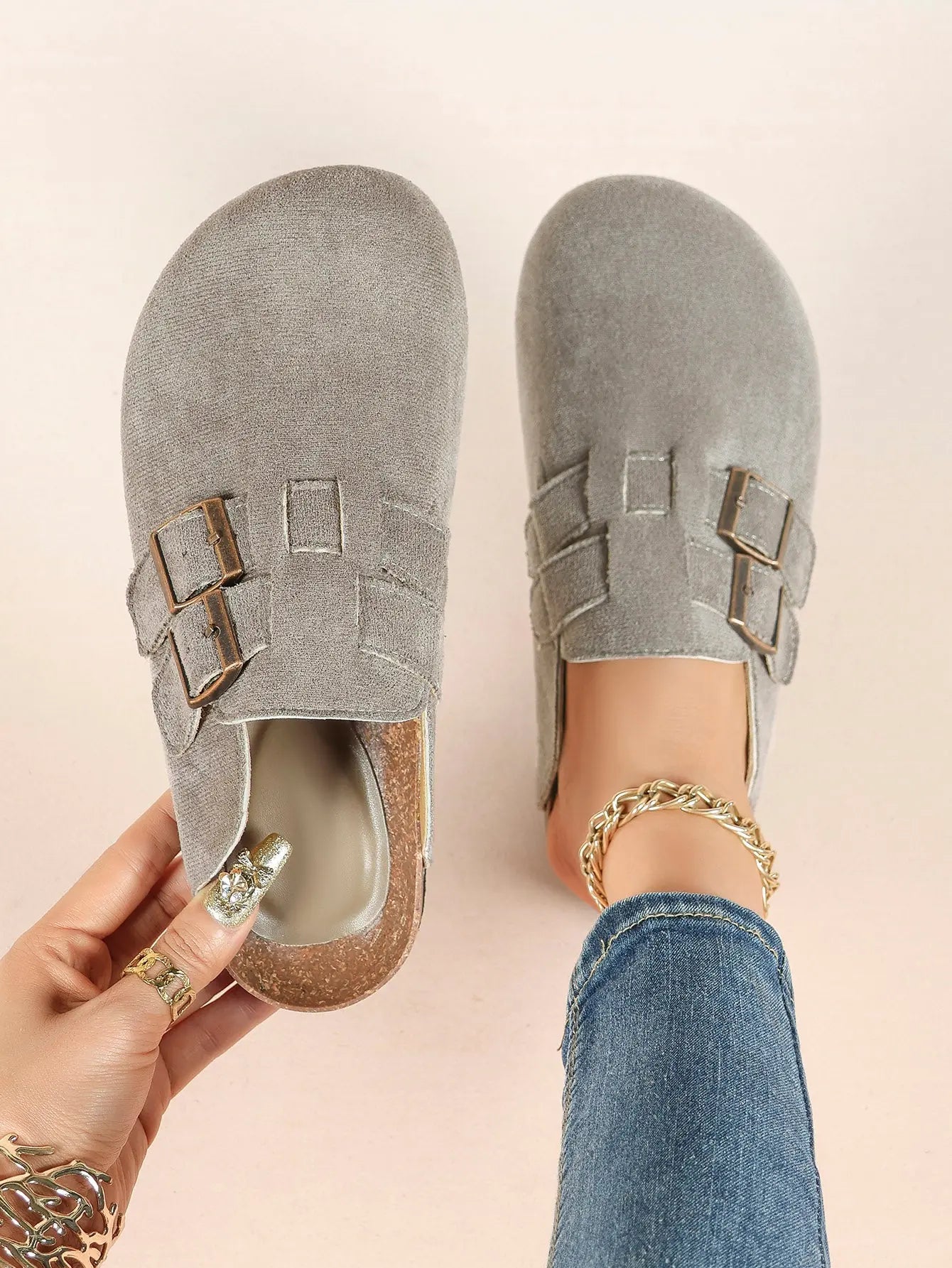 Gray Suede Double Buckle Boston Clogs  Closed Toe Cork Mule with Bronze Hardware YISHIFAN
