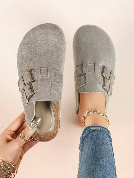 Gray Suede Double Buckle Boston Clogs  Closed Toe Cork Mule with Bronze Hardware YISHIFAN