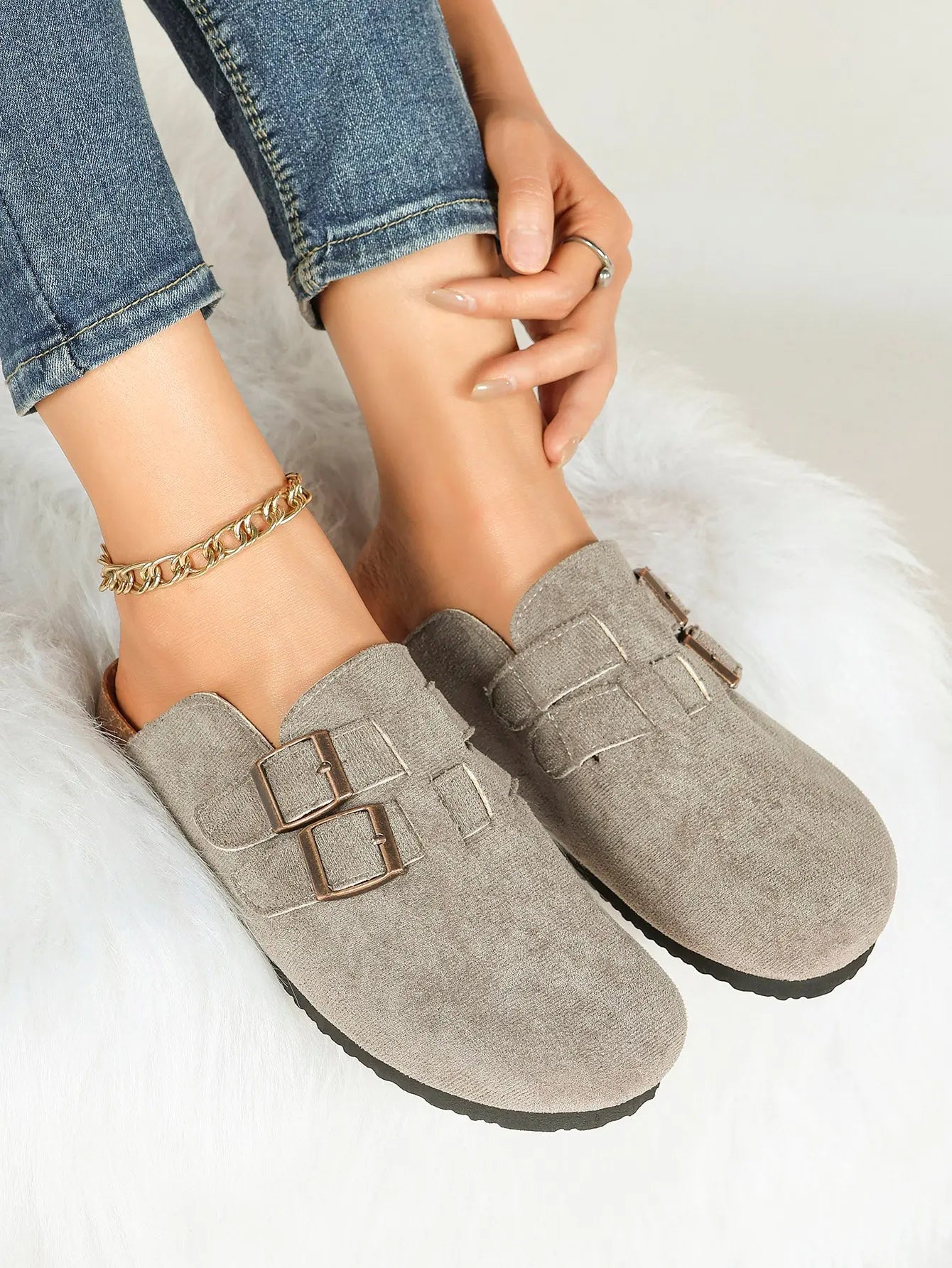 Gray Suede Double Buckle Boston Clogs  Closed Toe Cork Mule with Bronze Hardware YISHIFAN