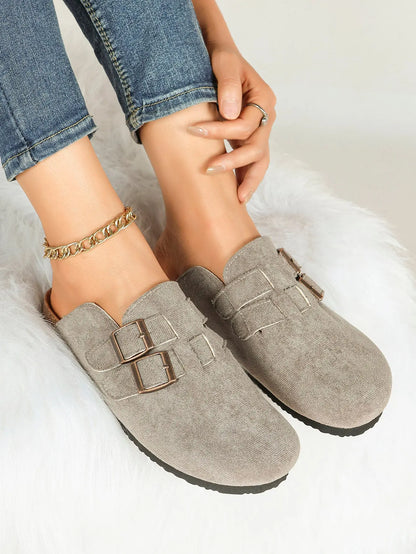 Gray Suede Double Buckle Boston Clogs  Closed Toe Cork Mule with Bronze Hardware YISHIFAN