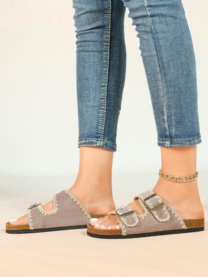 Taupe Suede-Effect Slides with Whipstitch Trim and Gold-Tone Buckles