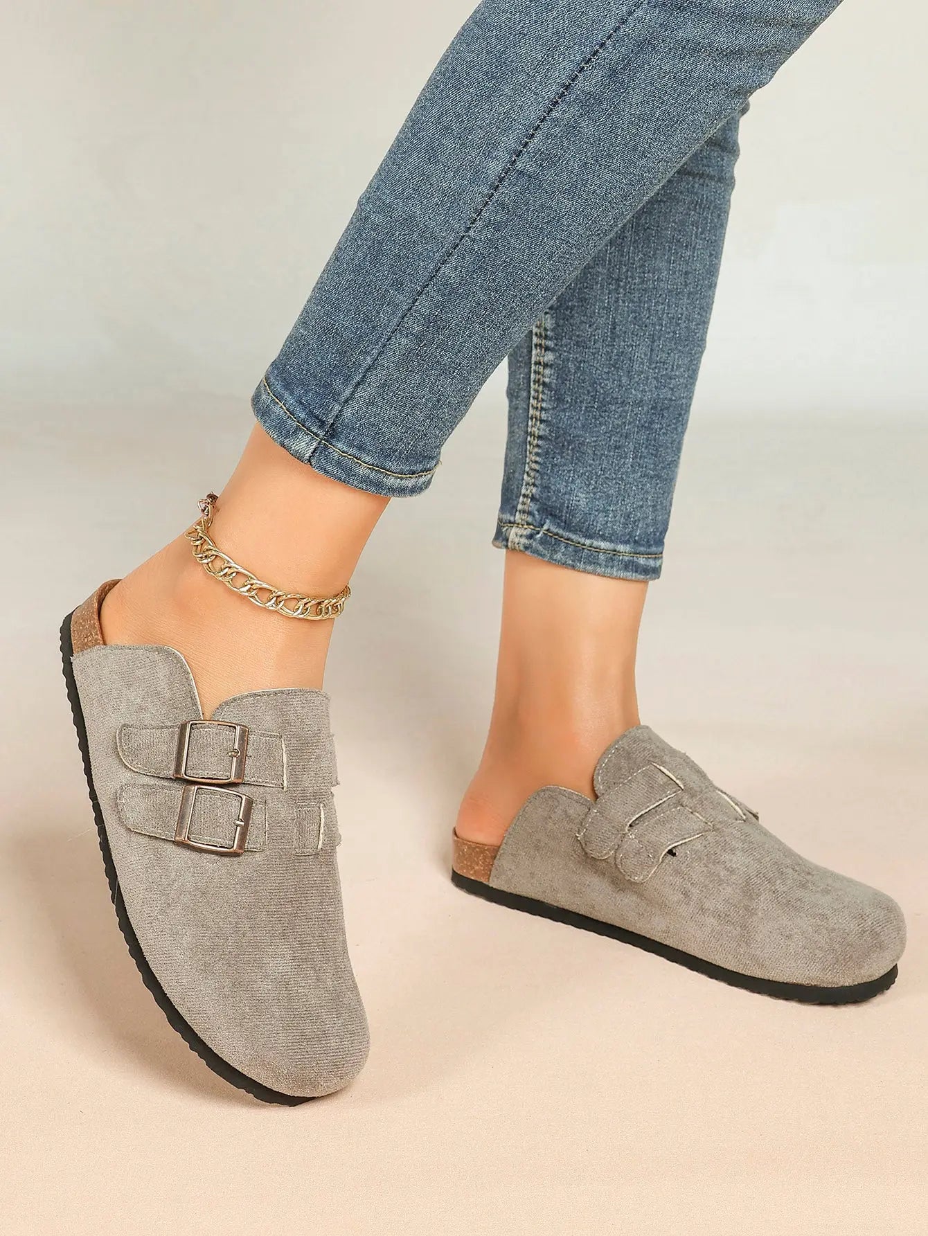 Gray Suede Double Buckle Boston Clogs  Closed Toe Cork Mule with Bronze Hardware YISHIFAN