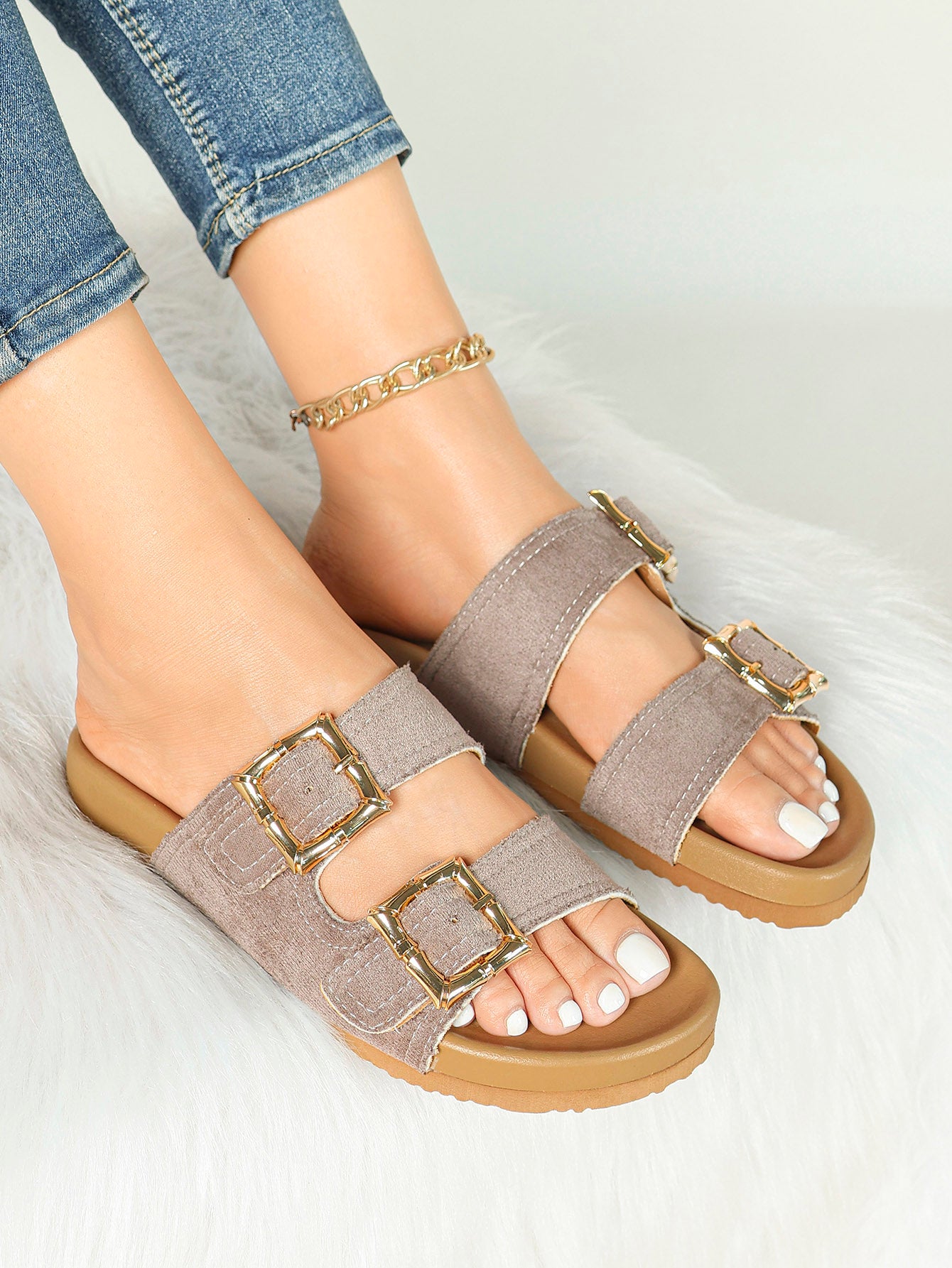 Taupe Suede Two-Strap Comfort Sandals with Gold Buckles