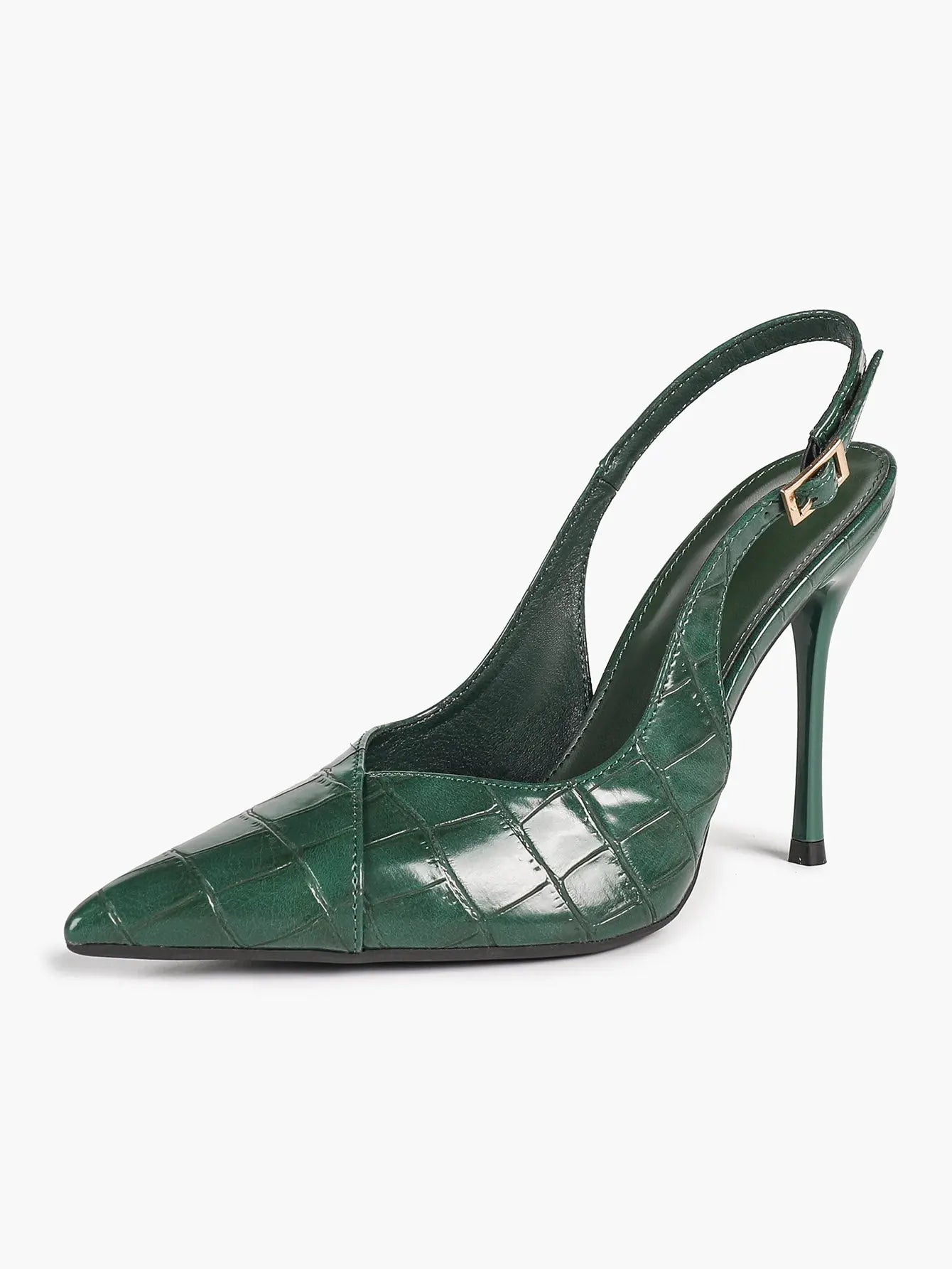 Vintage Luxe Reimagined: Deep Green Pointed Slingbacks with Croc Texture & All-Day Soft Insole YISHIFAN