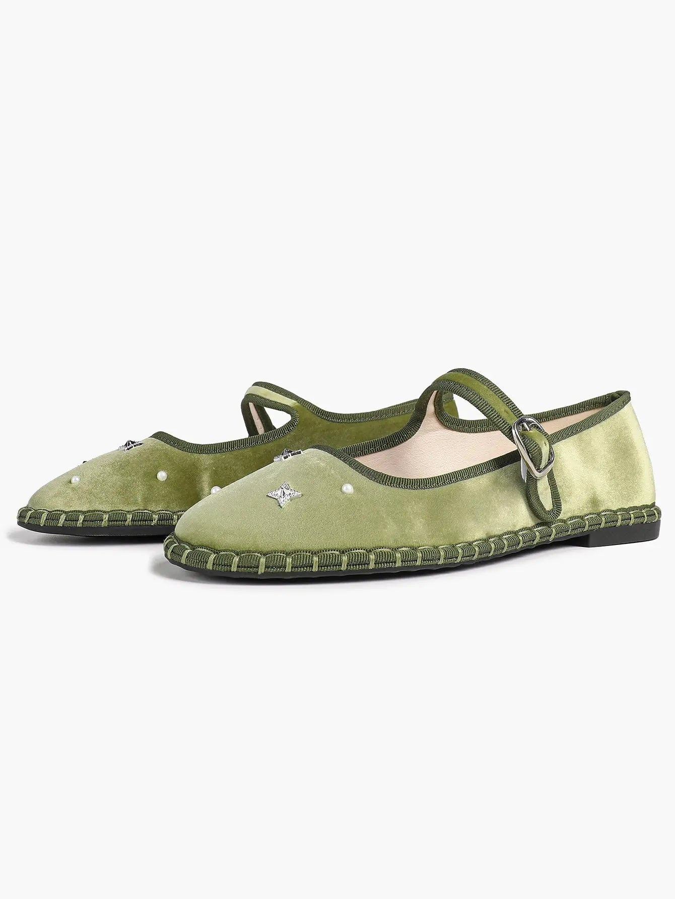 Green Velvet Round Toe Mary Jane Flats Floral Embroidery with Strap for Work Daily Comfortable Shoes YISHIFAN