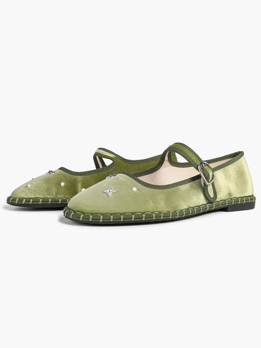 Green Velvet Round Toe Mary Jane Flats Floral Embroidery with Strap for Work Daily Comfortable Shoes YISHIFAN