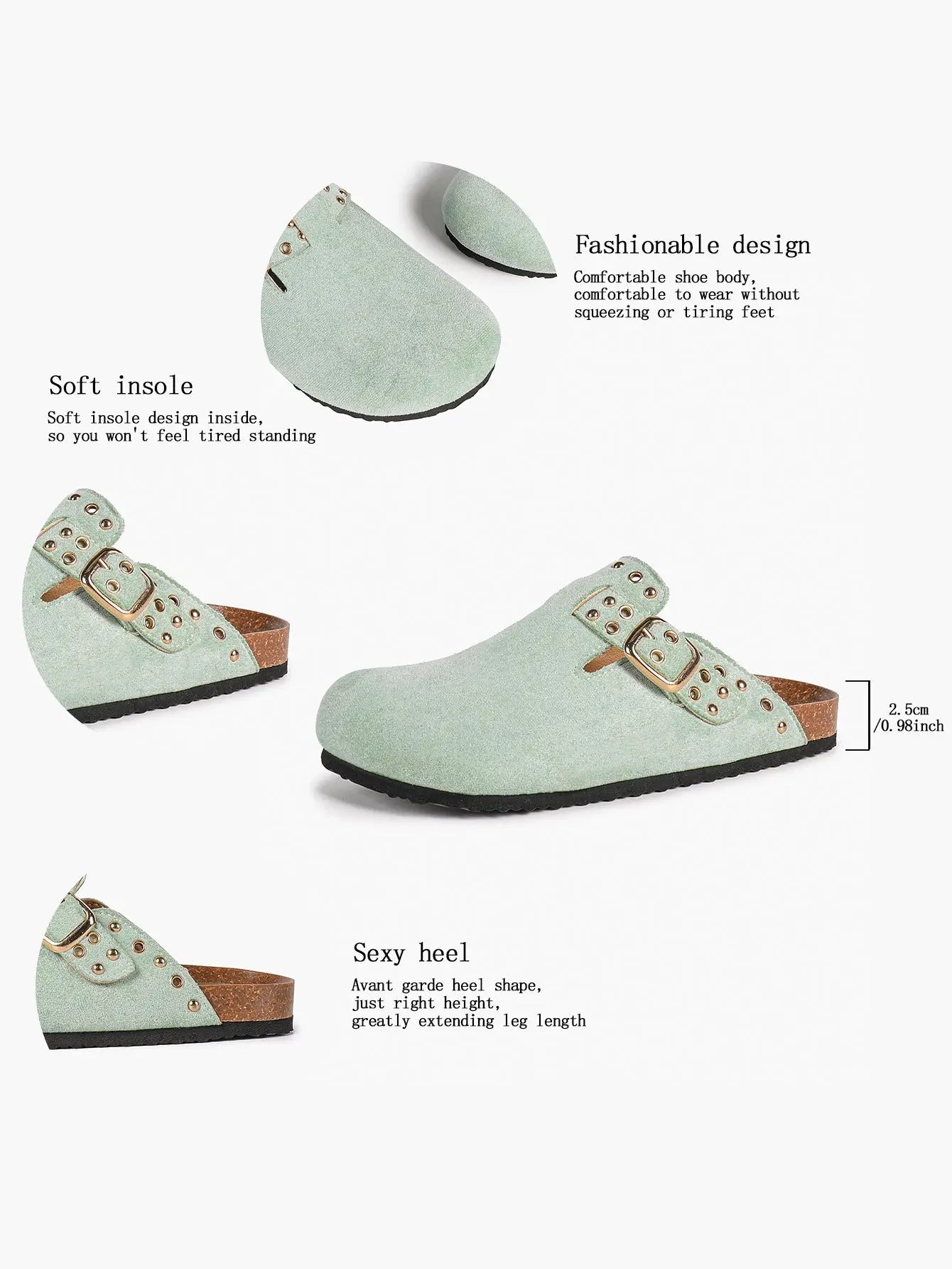 Mint Green Suede Studded Buckle Clogs Closed Toe Cork Mule YISHIFAN