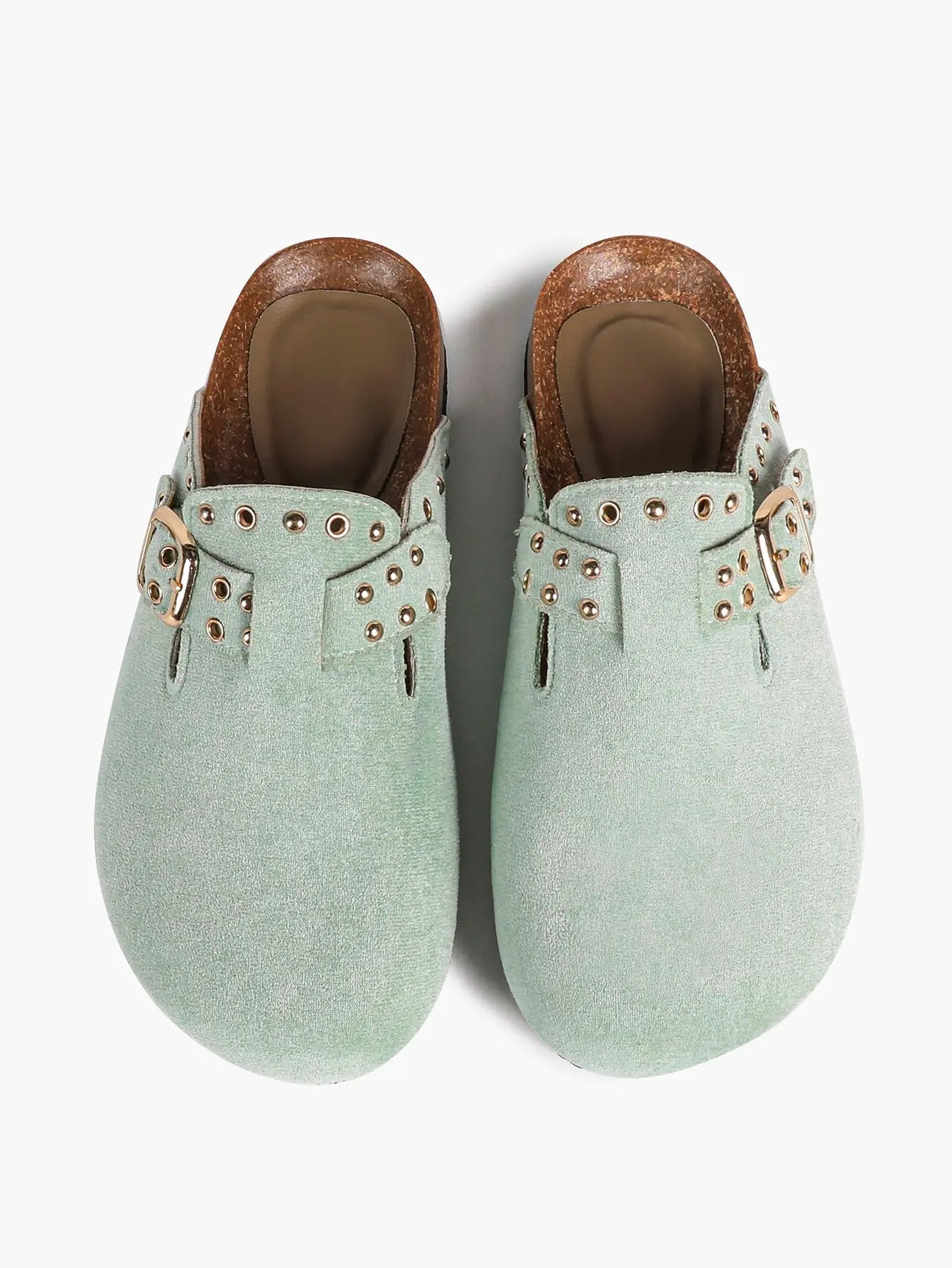 Mint Green Suede Studded Buckle Clogs Closed Toe Cork Mule YISHIFAN