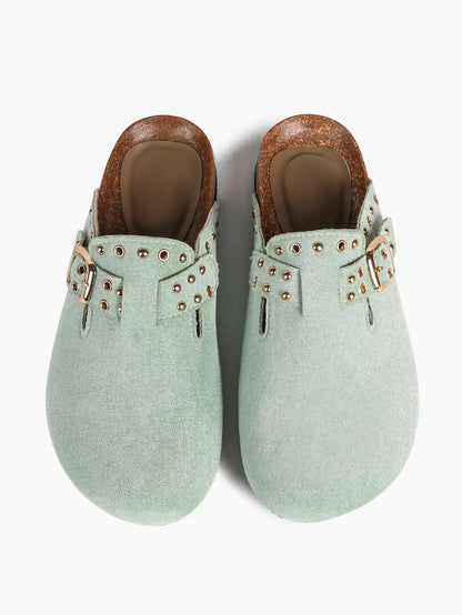 Mint Green Suede Studded Buckle Clogs Closed Toe Cork Mule YISHIFAN