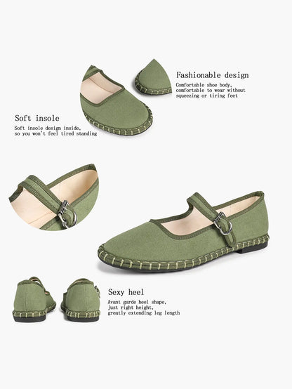 Women's Blue Mary Jane Flats with Floral Buckle Arch Support Insole for Casual Chic Everyday Shoes YISHIFAN