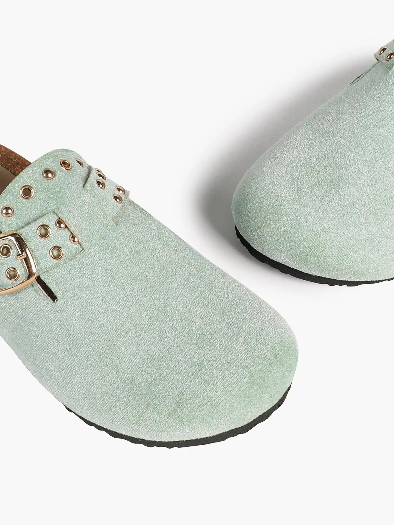 Mint Green Suede Studded Buckle Clogs Closed Toe Cork Mule YISHIFAN