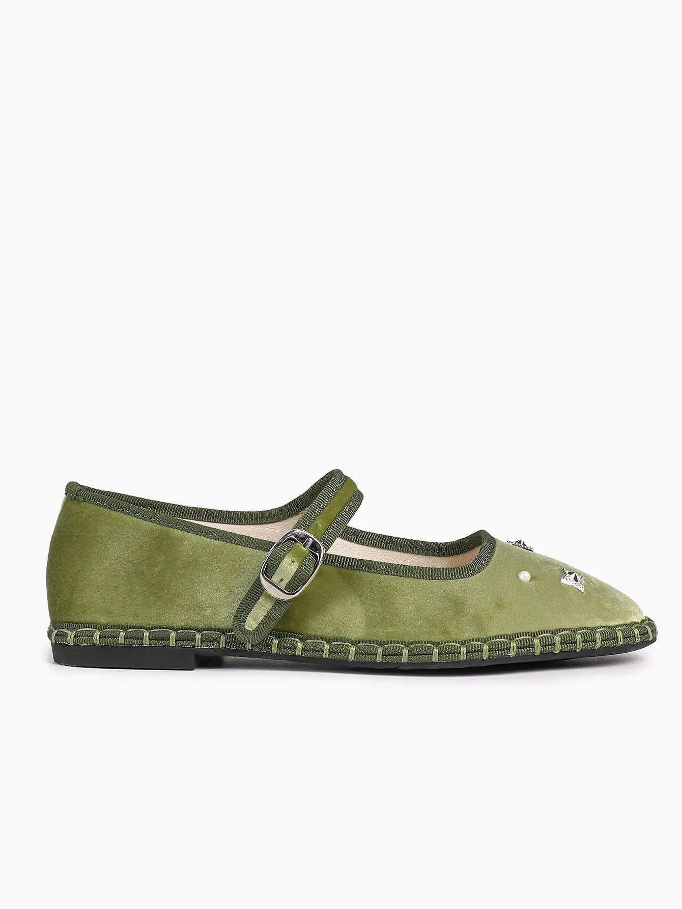 Green Velvet Round Toe Mary Jane Flats Floral Embroidery with Strap for Work Daily Comfortable Shoes YISHIFAN