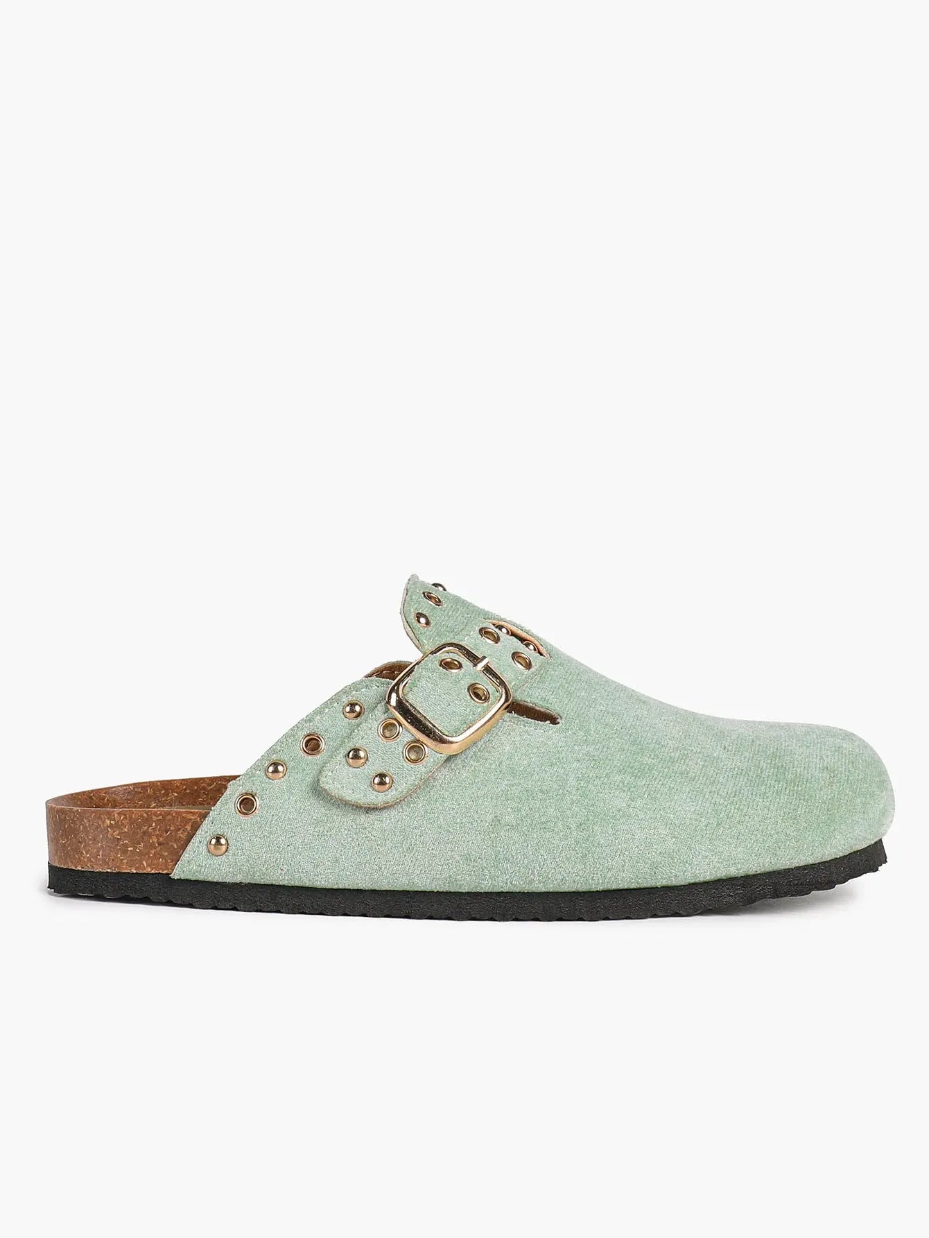 Mint Green Suede Studded Buckle Clogs Closed Toe Cork Mule YISHIFAN