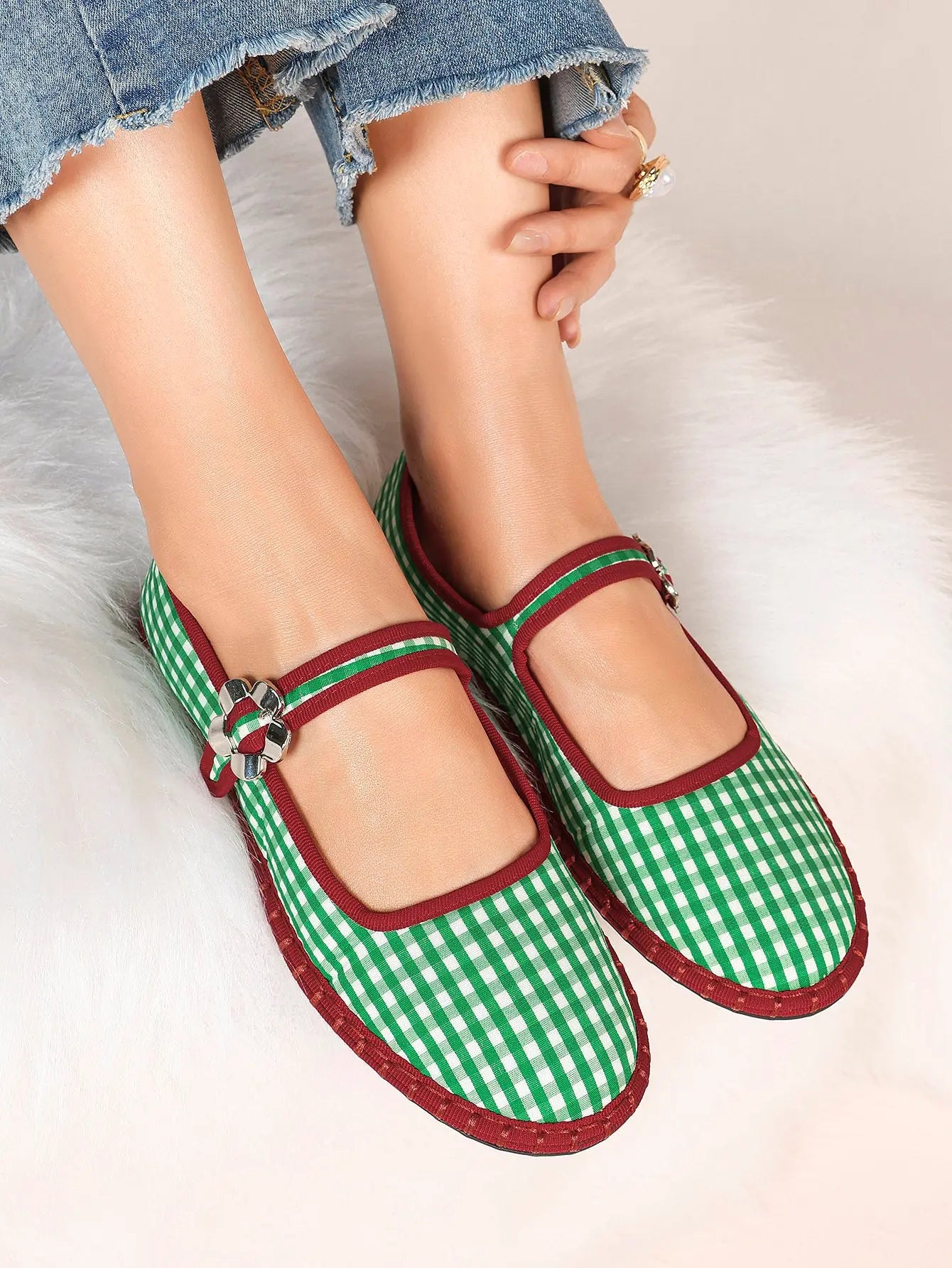 Women's Blue Mary Jane Flats with Floral Buckle Arch Support Insole for Casual Chic Everyday Shoes YISHIFAN