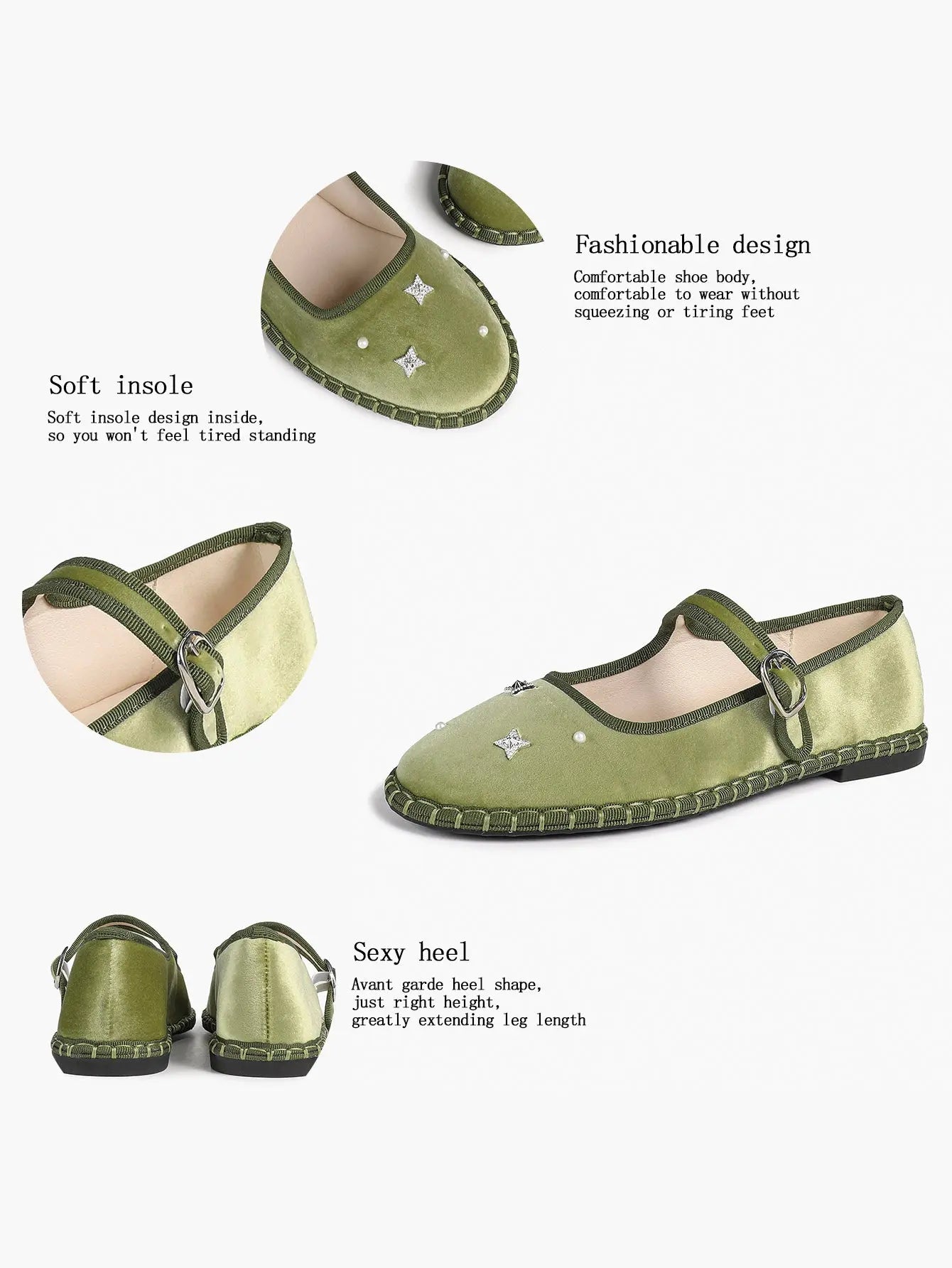 Green Velvet Round Toe Mary Jane Flats Floral Embroidery with Strap for Work Daily Comfortable Shoes YISHIFAN