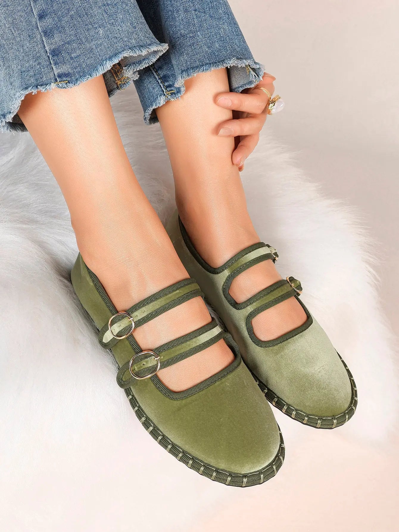 Women's Pink Suede Ballet Flats with Double Gold Buckle Cloud Comfort Insole for Casual Chic Everyday Shoes YISHIFAN