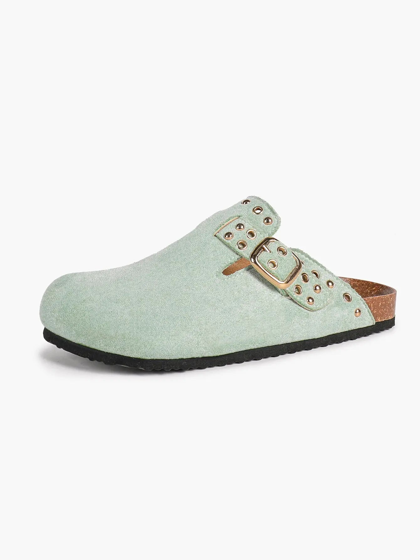 Mint Green Suede Studded Buckle Clogs Closed Toe Cork Mule YISHIFAN