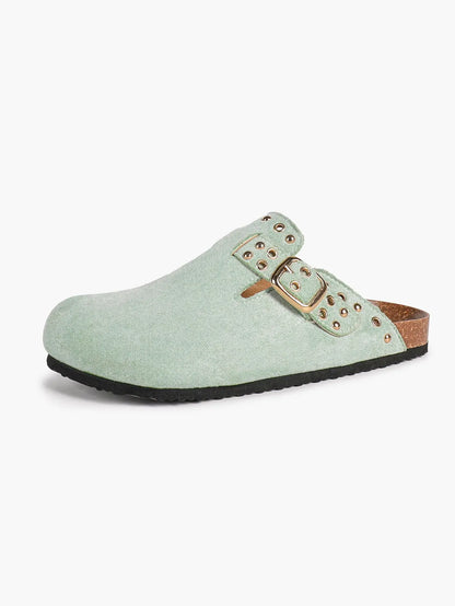 Mint Green Suede Studded Buckle Clogs Closed Toe Cork Mule YISHIFAN