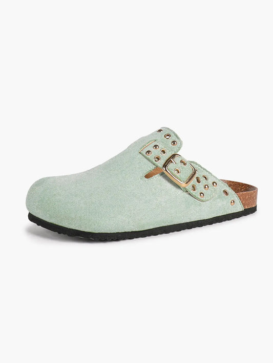 Mint Green Suede Studded Buckle Clogs Closed Toe Cork Mule YISHIFAN