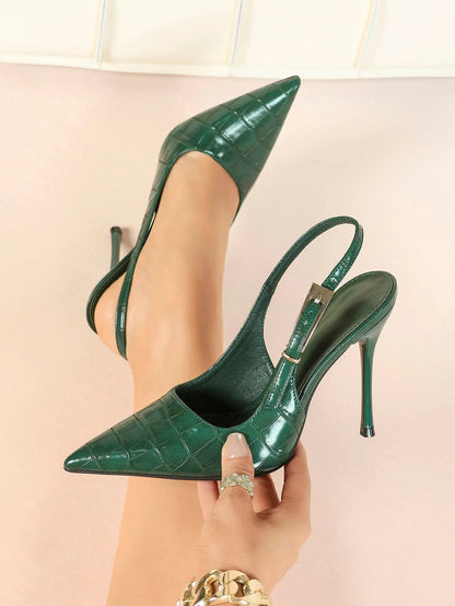 Women's Green Stone High-Heel Sandals Pointed Toe Slingback Stiletto Heels Wedding Party Evening Dress Shoes YISHIFAN