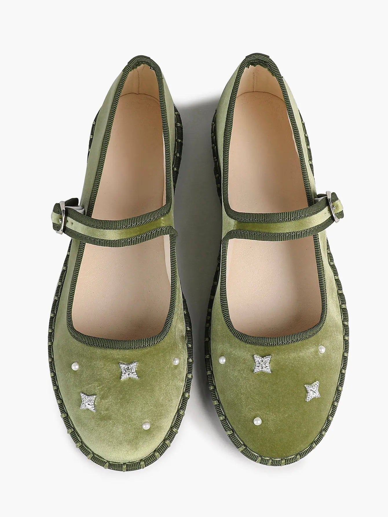 Green Velvet Round Toe Mary Jane Flats Floral Embroidery with Strap for Work Daily Comfortable Shoes YISHIFAN