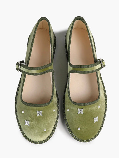 Green Velvet Round Toe Mary Jane Flats Floral Embroidery with Strap for Work Daily Comfortable Shoes YISHIFAN
