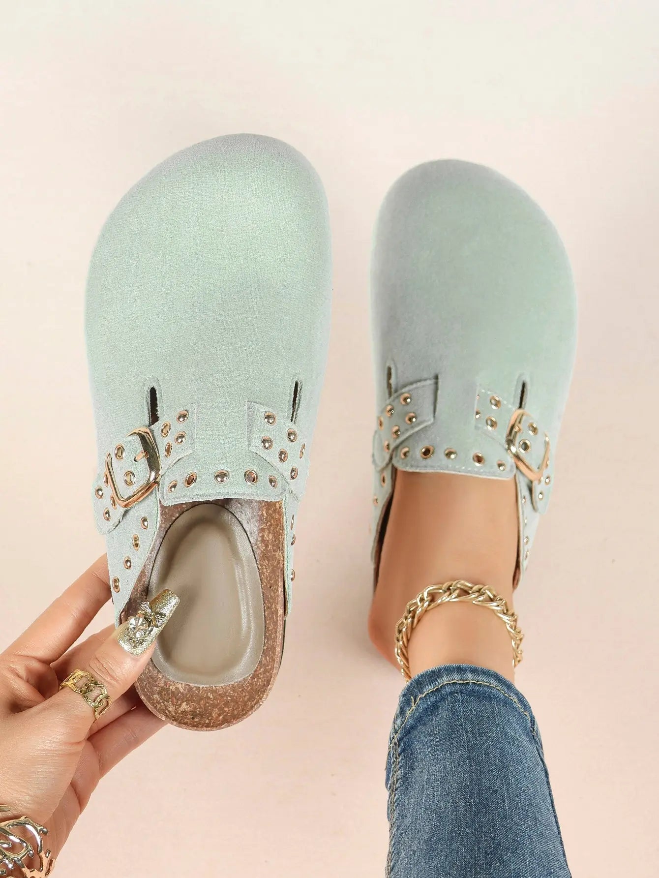 Mint Green Suede Studded Buckle Clogs Closed Toe Cork Mule YISHIFAN