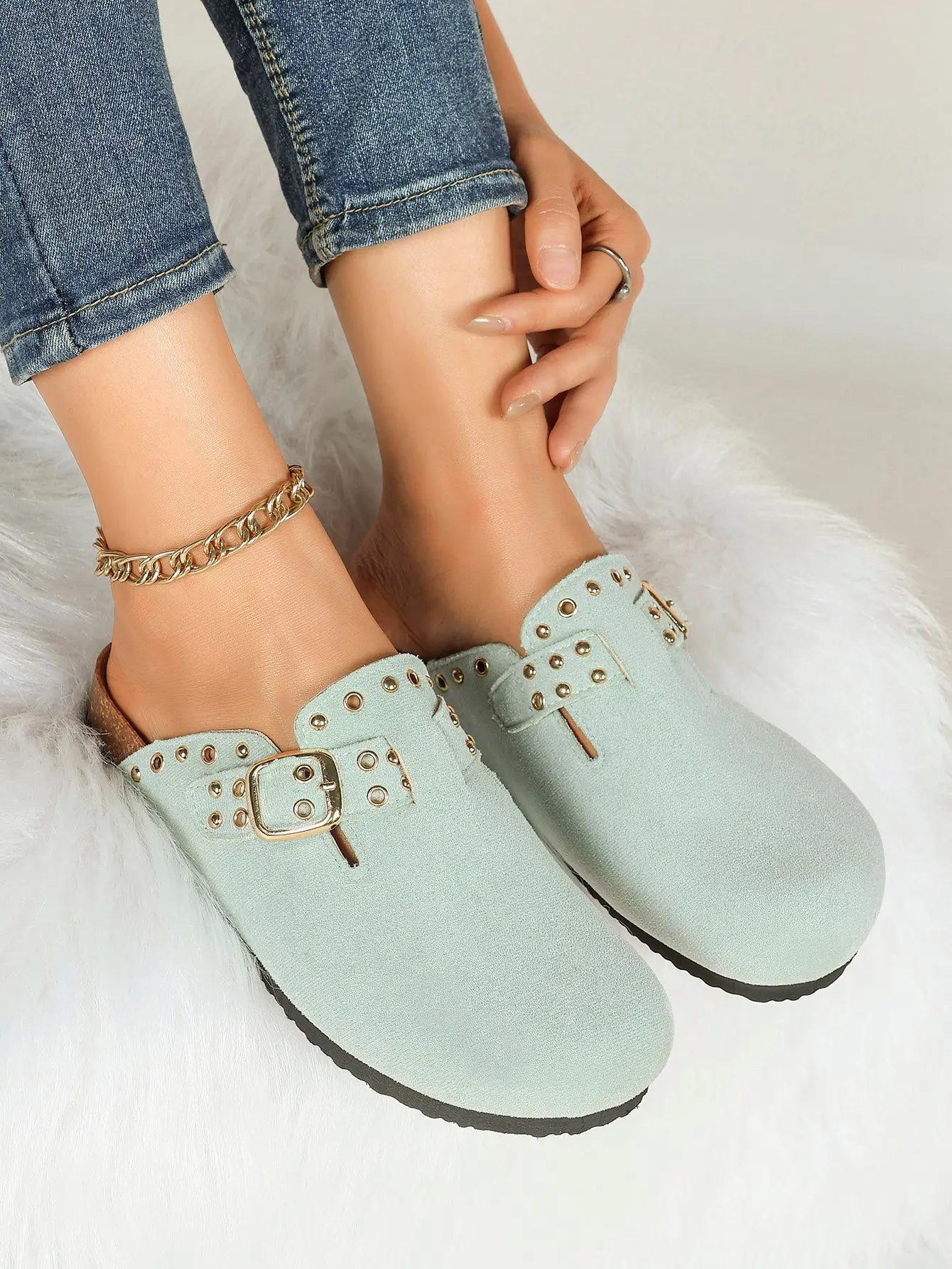 Mint Green Suede Studded Buckle Clogs Closed Toe Cork Mule YISHIFAN