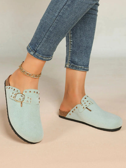 Mint Green Suede Studded Buckle Clogs Closed Toe Cork Mule YISHIFAN