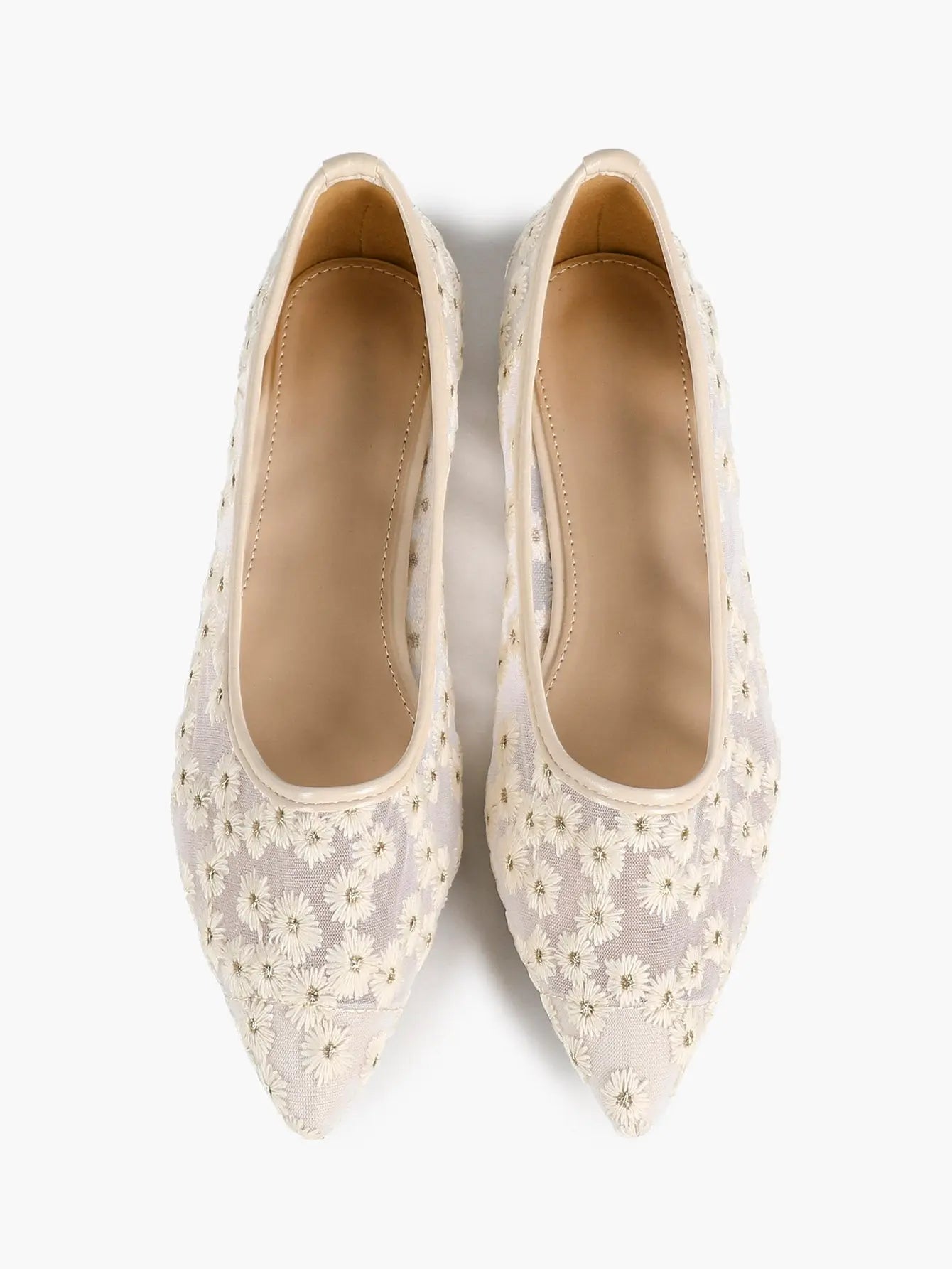Black Floral Lace & Gold Star Embroidery Mesh Pointed Toe Flats – Women's Night-Sky Ballet Flat YISHIFAN