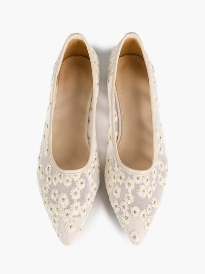Black Floral Lace & Gold Star Embroidery Mesh Pointed Toe Flats – Women's Night-Sky Ballet Flat YISHIFAN