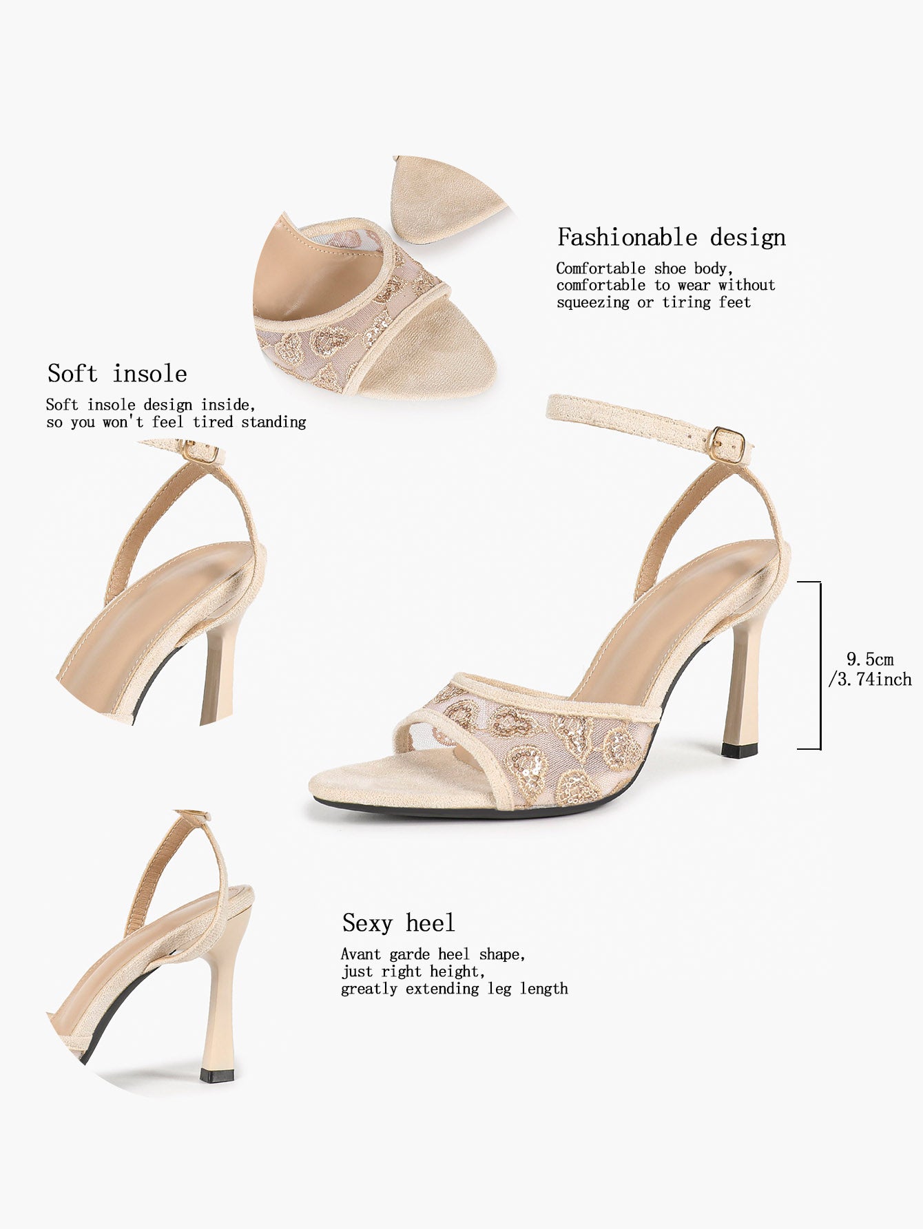 Cream Suede Trim Floral Sequin Strap Heels Ankle Buckle Pointed Open Toe Stilettos Chic Date Night Shoes