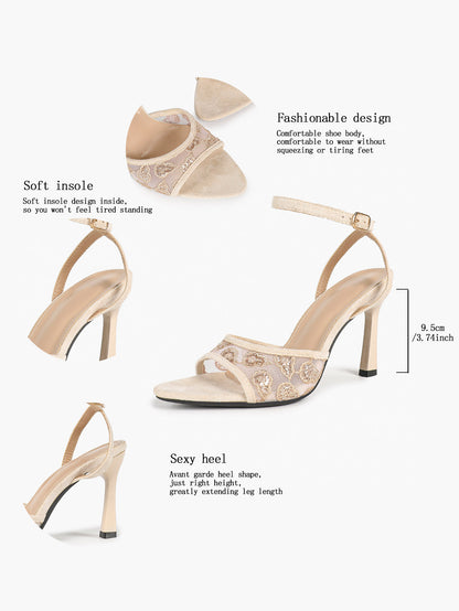 Cream Suede Trim Floral Sequin Strap Heels Ankle Buckle Pointed Open Toe Stilettos Chic Date Night Shoes