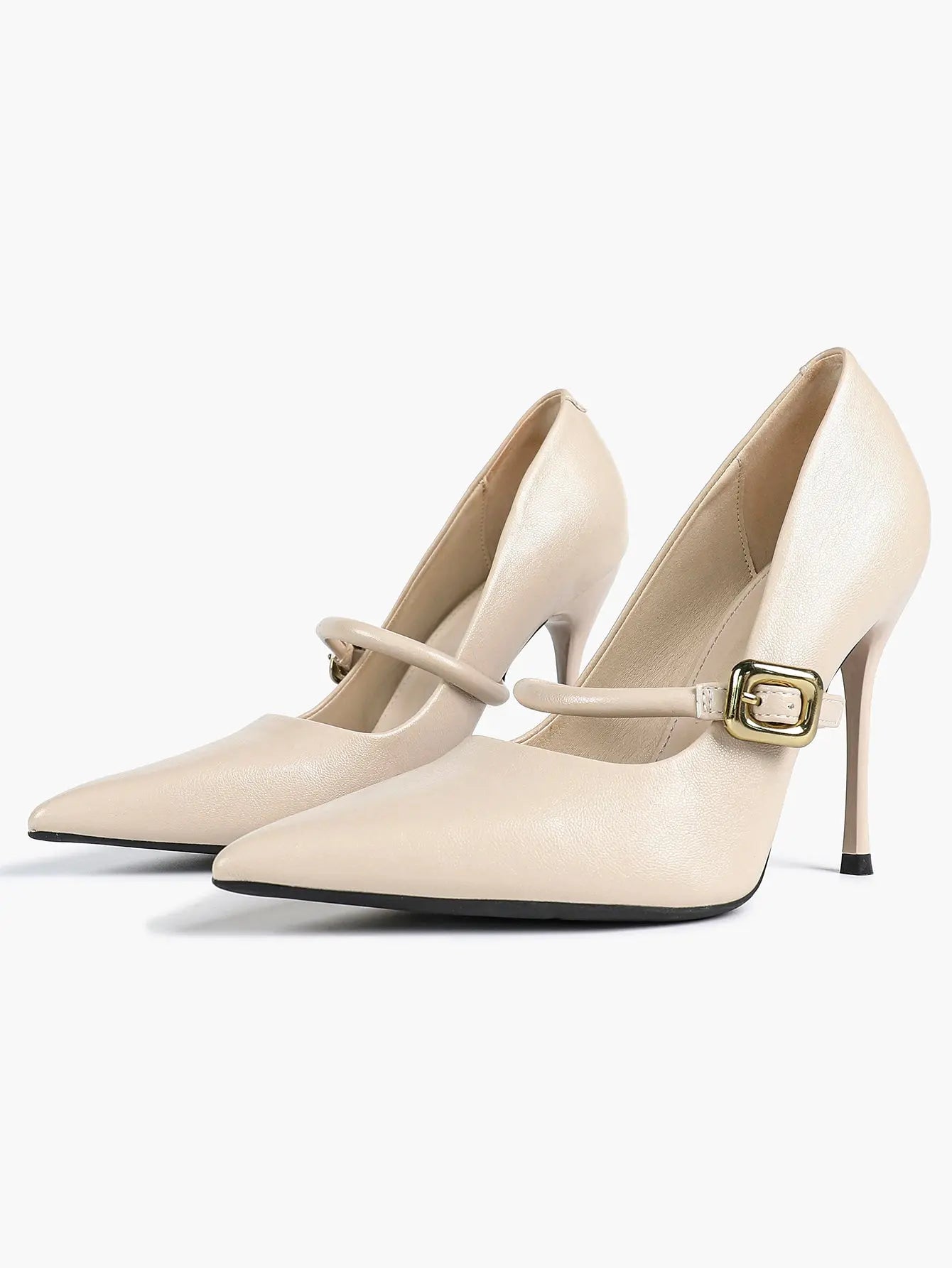 Women's Leather Stiletto Heels 4.13 Inch Pointed Toe Strap Pumps Shoes with Buckle for Casual Office YISHIFAN