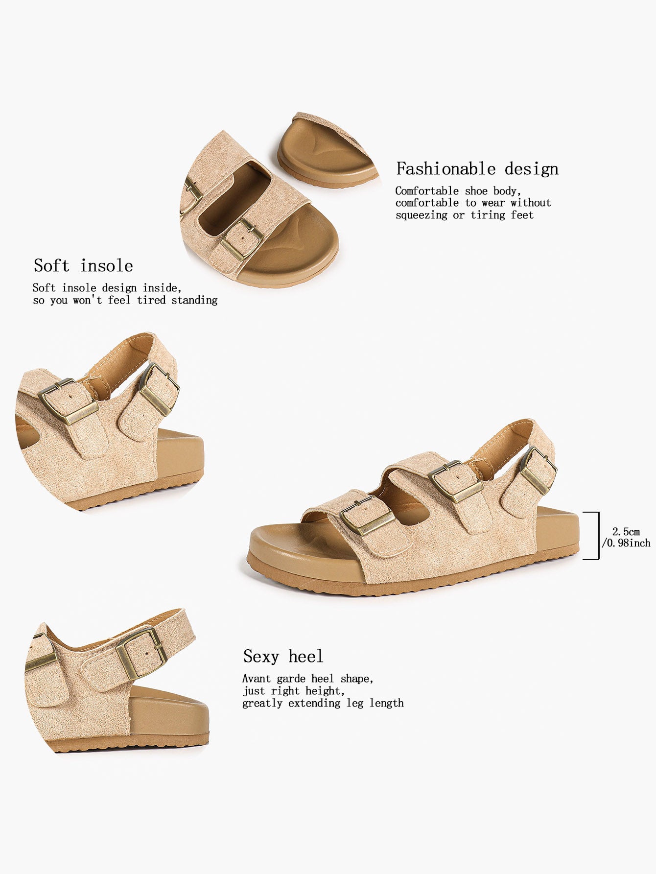 Beige Suede-Effect Triple-Buckle Slingback Sandals with Cushioned Sole