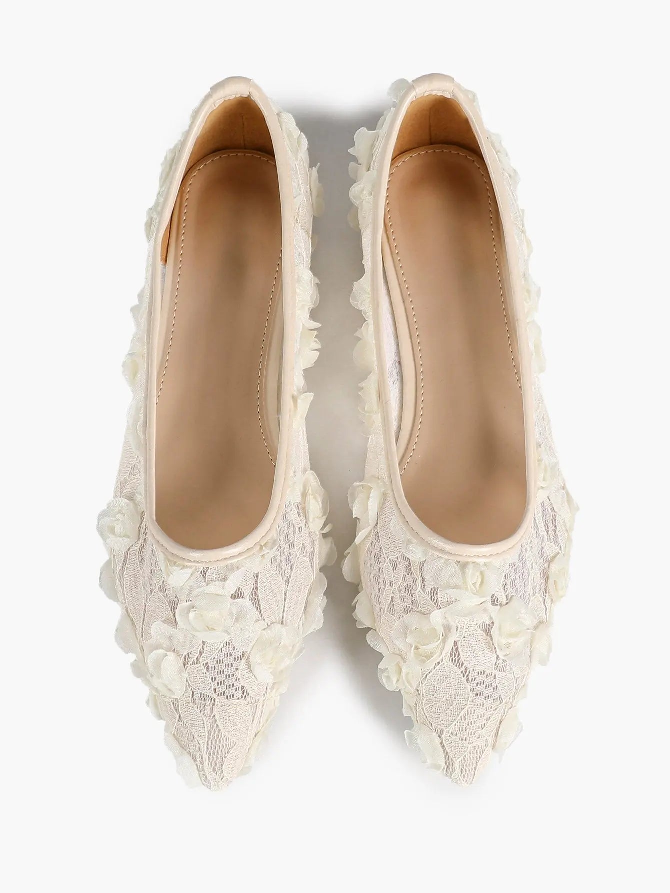 Pink 3D Rose Appliqué Lace Mesh Pointed Toe Flats – Women's Handcrafted Floral Ballet Flat YISHIFAN