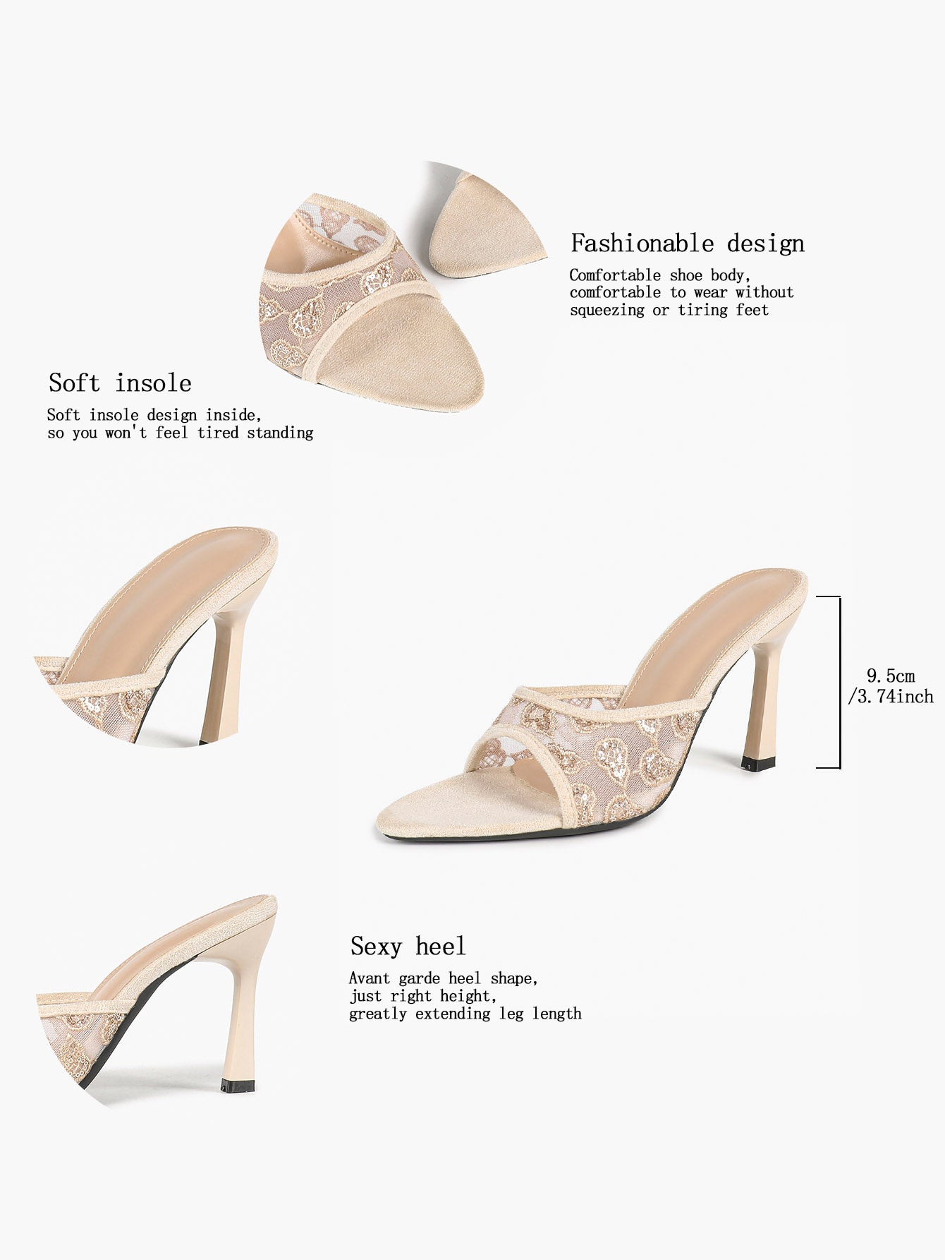 Beige Glitter Mesh Floral Embroidery Stiletto Mules Open Toe Slip-On Evening Party Club Shoes