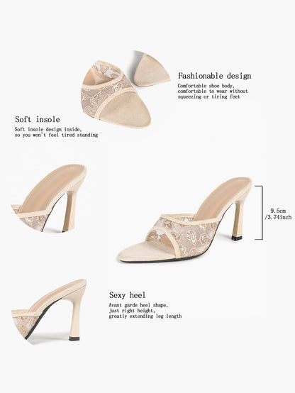 Beige Glitter Mesh Floral Embroidery Stiletto Mules Open Toe Slip-On Evening Party Club Shoes