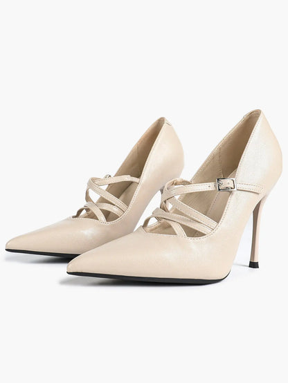 Burgundy Leather Stiletto Heels Sharp Pointed Toe Cross Strap Pump 4.13 INCH for Party Wedding Shoes YISHIFAN