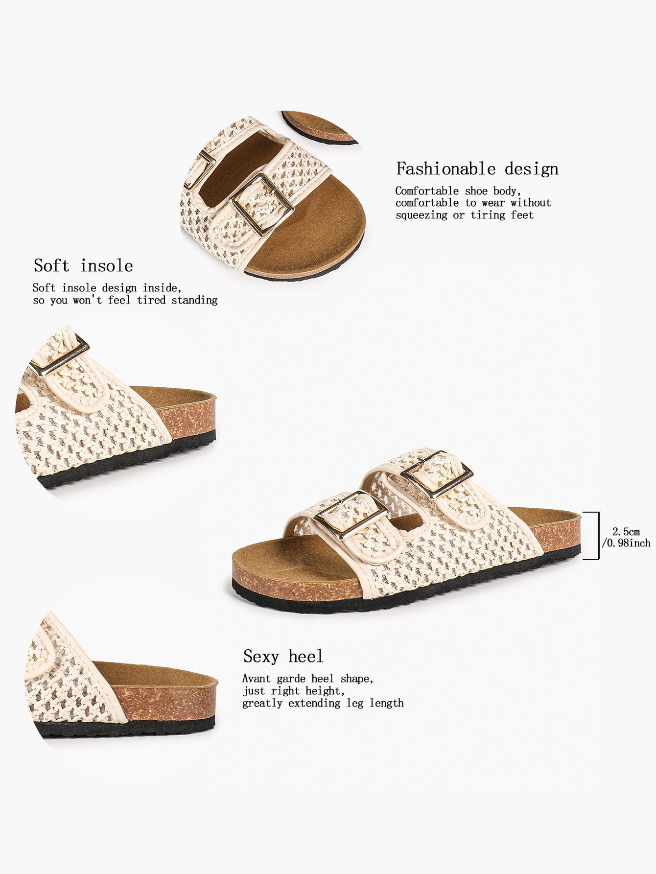 Cream Woven Double-Strap Slide Sandals with Cushioned Cork-Effect Sole