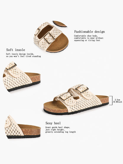 Cream Woven Double-Strap Slide Sandals with Cushioned Cork-Effect Sole
