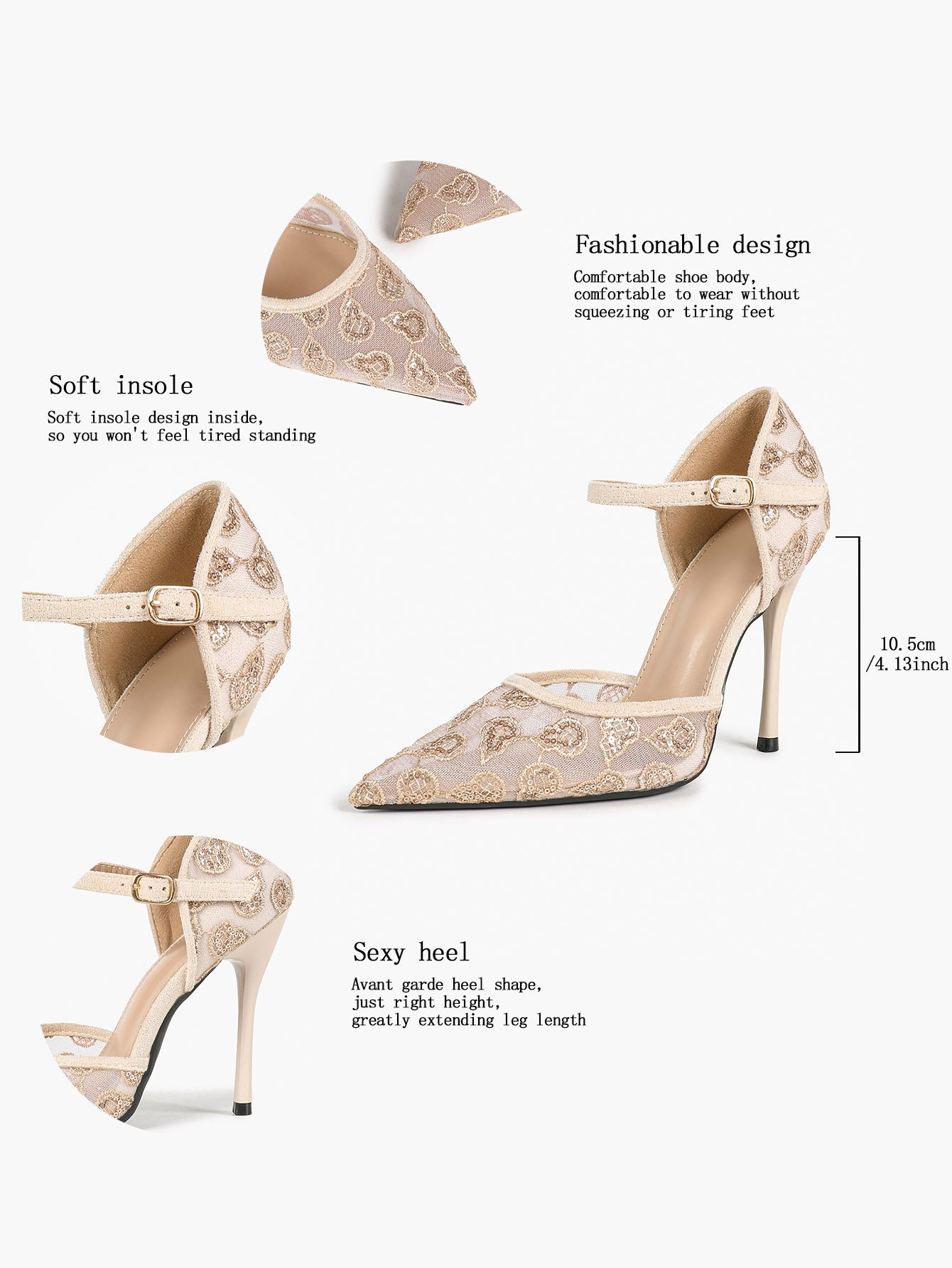 Sparkly Lace Pointed Toe Heels - 4.13" Ankle Strap Pumps with Non-Slip Sole