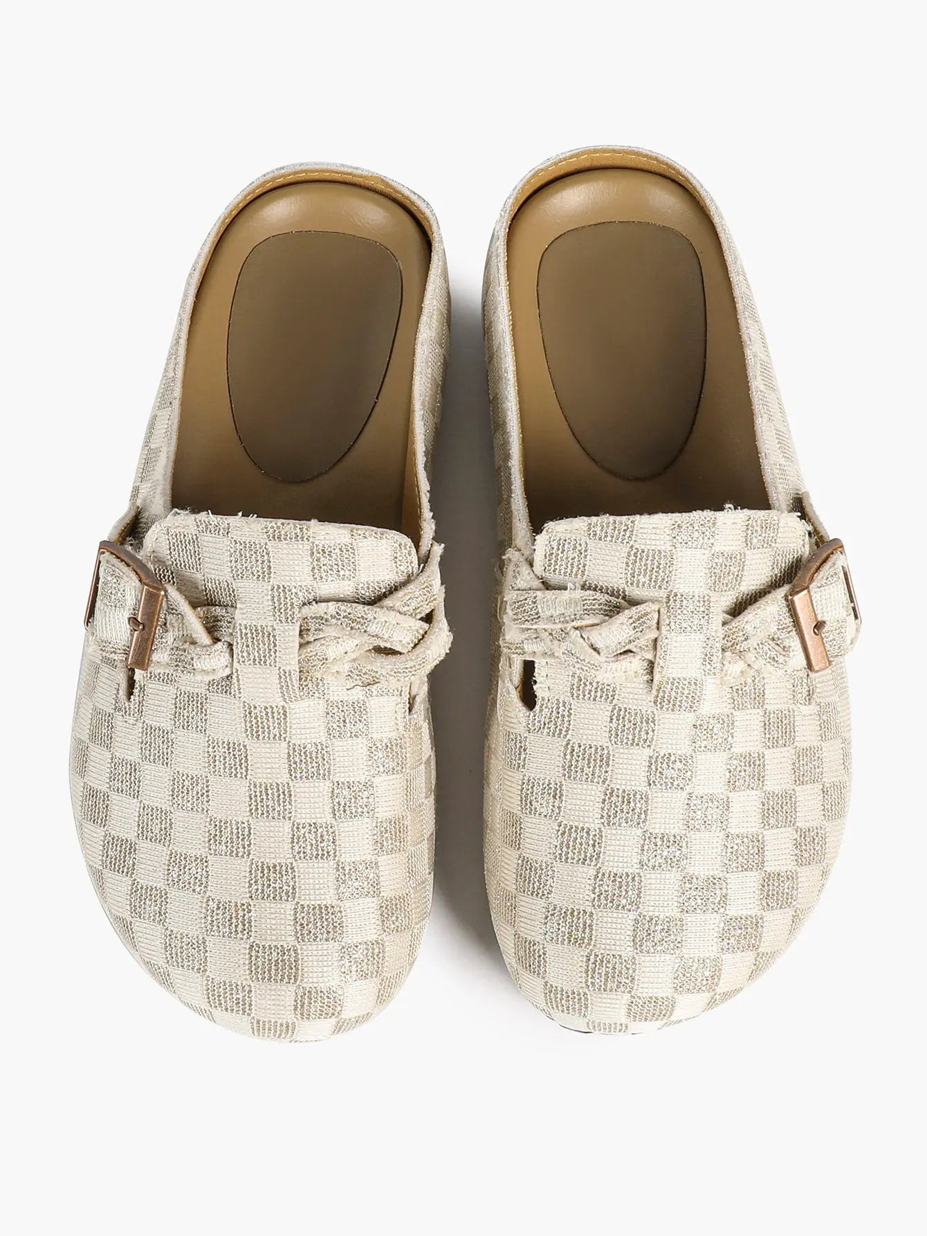 Ivory Checkerboard Jacquard Ruched Buckle Boston Clogs – Women's Platform Closed Toe Mule YISHIFAN